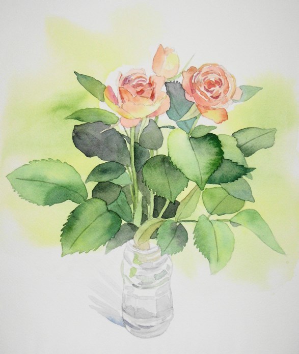 オレンジ色の薔薇を描く ごくさんの透明水彩画