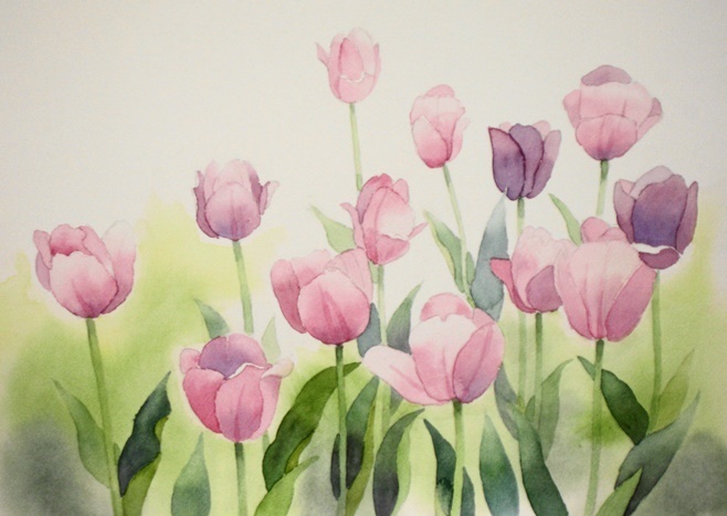チューリップの咲く風景を描く ごくさんの透明水彩画
