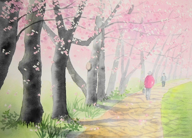 桜並木の遊歩道＾＾: ごくさんの透明水彩画