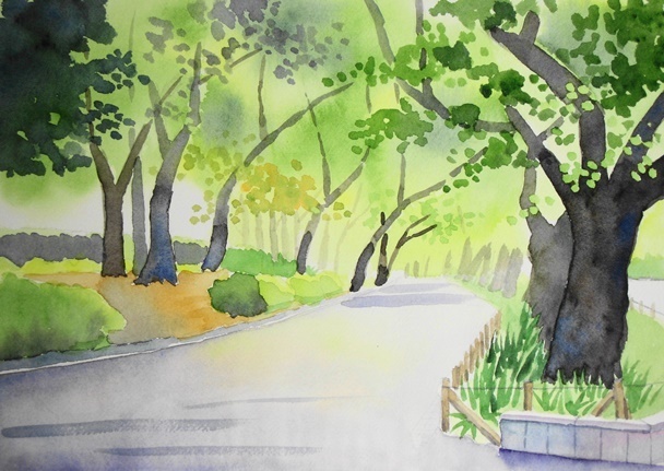 水彩画「雨の上野公園」 - 美術品