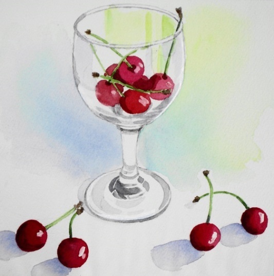 ワイングラスにアメリカンチェリー ごくさんの透明水彩画