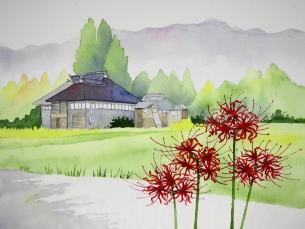 油彩画 秋の空 油絵 油彩 油彩画 絵 絵画【秋空に咲く赤い彼岸花】