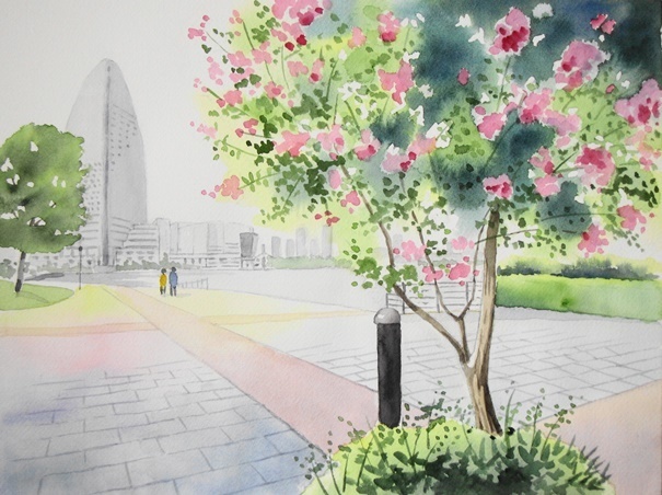 百日紅の咲くヨコハマ・みなとみらい＾＾: ごくさんの透明水彩画